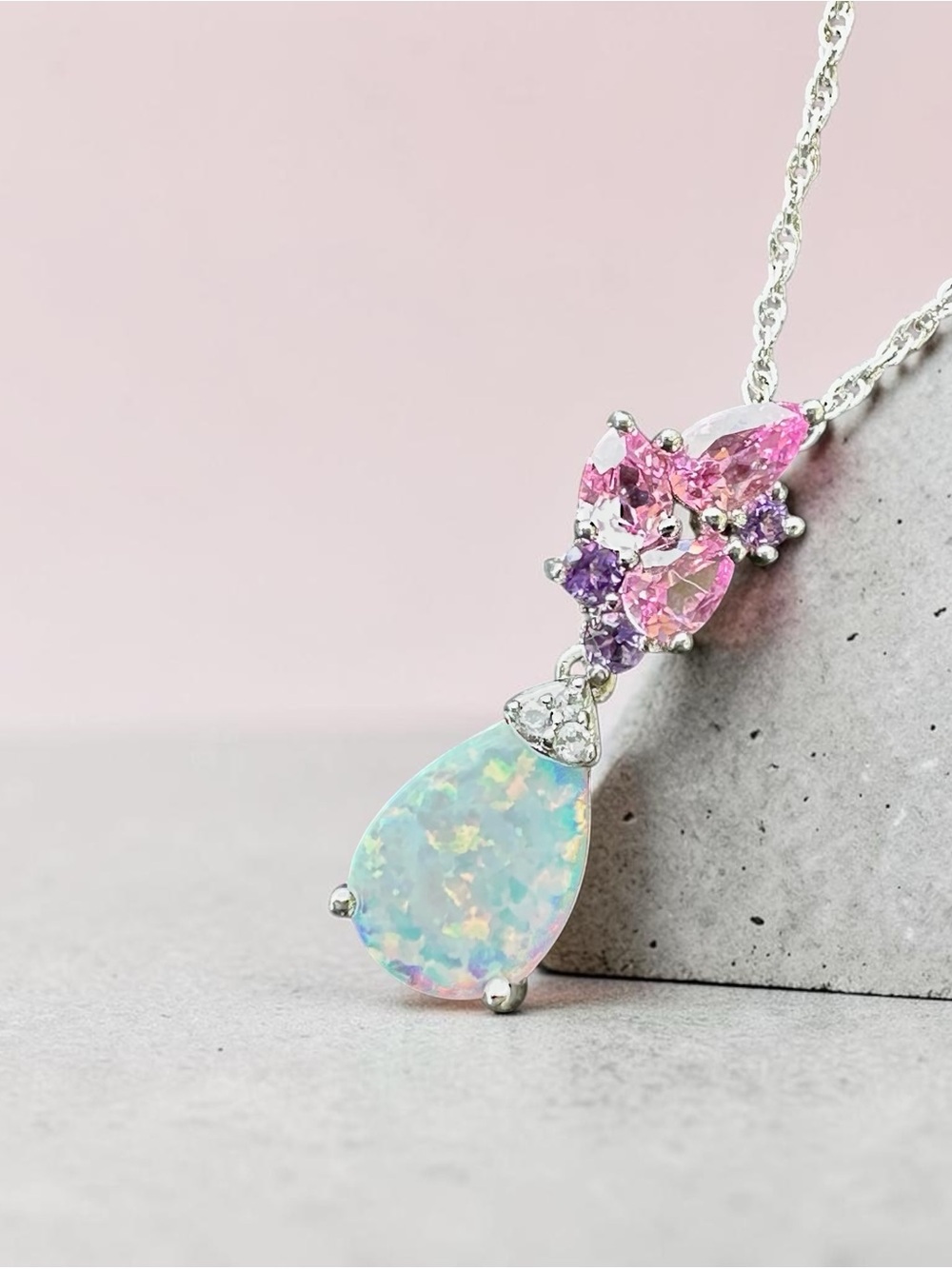 Sterling Silver Pear Opal & Pink Sapphire Necklace (18")